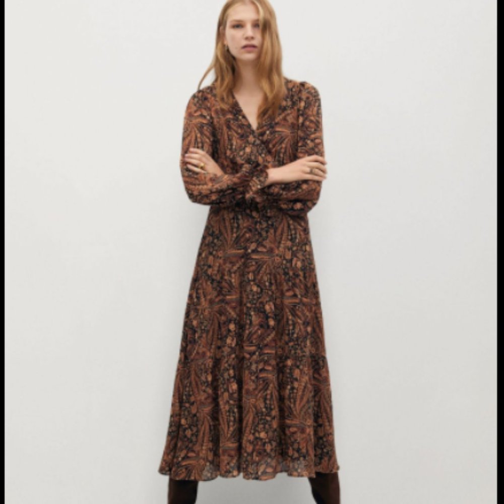 Golden brown paisleys shimmer midi dress XS NWT
